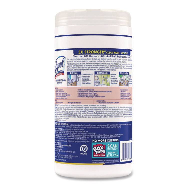 Disinfecting Wipes, 1-Ply, 7 x 7.25, Lemon and Lime Blossom, White, 80 Wipes/Canister