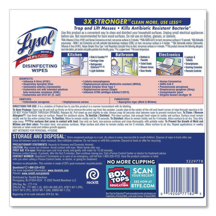 Disinfecting Wipes, 1-Ply, 7 x 7.25, Lemon and Lime Blossom, White, 80 Wipes/Canister