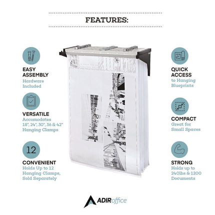 Drop Lift Blueprint Storage Wall Rack, Assorted Document Sizes Accommodated, 7.9" x 1.2" x 7.1", Black