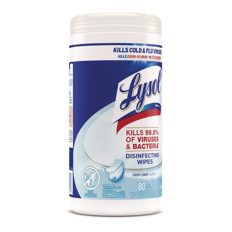 Disinfecting Wipes, 1-Ply, 7 x 7.25, Crisp Linen, White, 80 Wipes/Canister, 6 Canisters/Carton