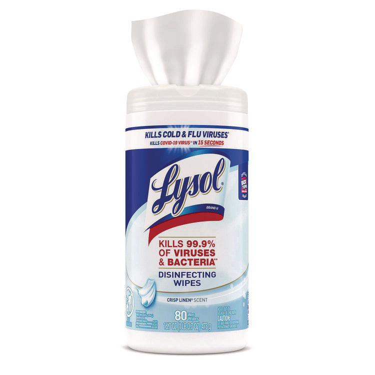 Disinfecting Wipes, 1-Ply, 7 x 7.25, Crisp Linen, White, 80 Wipes/Canister, 6 Canisters/Carton