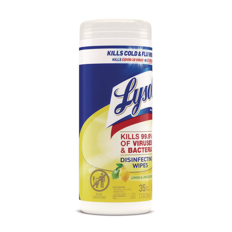 Disinfecting Wipes, 1-Ply, 7 x 7.25, Lemon and Lime Blossom, White, 35 Wipes/Canister, 12 Canisters/Carton