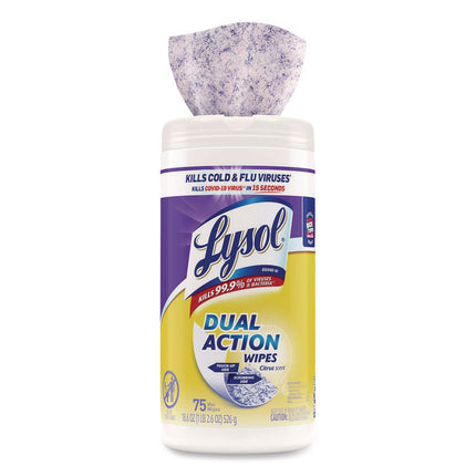Dual Action Disinfecting Wipes, 1-Ply, 7 x 7.5, Citrus, White/Purple, 75/Canister