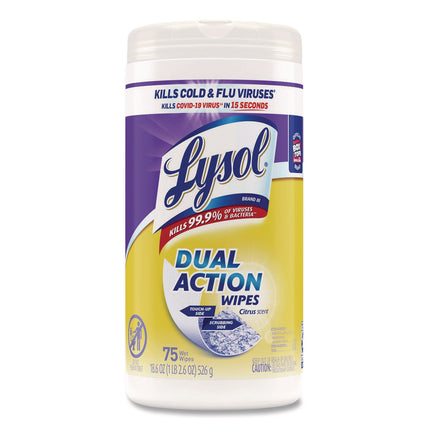 Dual Action Disinfecting Wipes, 1-Ply, 7 x 7.5, Citrus, White/Purple, 75/Canister