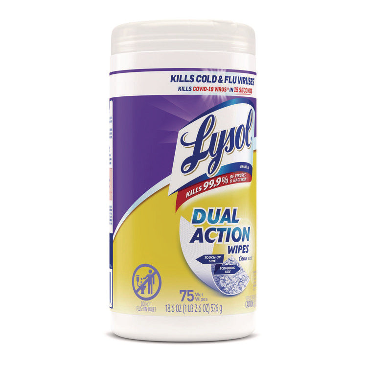 Dual Action Disinfecting Wipes, 1-Ply, 7 x 7.5, Citrus, White/Purple, 75/Canister, 6 Canisters/Carton