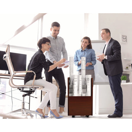 20-Slot Mobile Rolling Wood Blueprint Storage Cabinet Roll File Large Document Organizer, 15.25 x 13.25 x 24.75, Mahogany