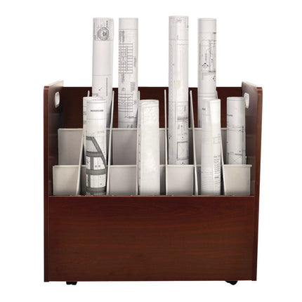 21-Slot Mobile Rolling Wood Blueprint Storage Cabinet Roll File Large Document Organizer, 30 x 15.75 x 28.5, Mahogany