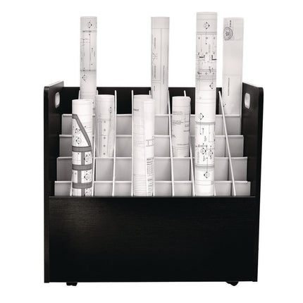 50-Compartment Mobile Wood Blueprint Rolled File Storage Organizer, 50 Compartments, 30 x 15.75 x 28.5, Black