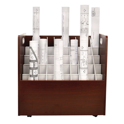 50-Compartment Mobile Wood Blueprint Rolled File Storage Organizer, 50 Compartments, 30 x 15.75 x 28.5, Mahogany