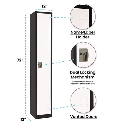 Steel Storage Locker, 1 Compartment, 12 x 12 x 72, Black Body/White Doors