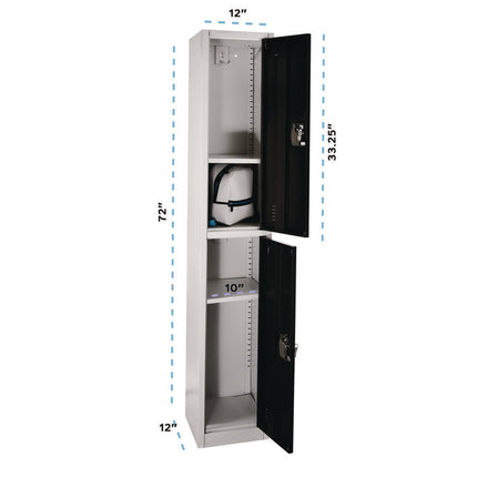Steel Storage Locker, 2 Compartment, 12 x 12 x 72, Black