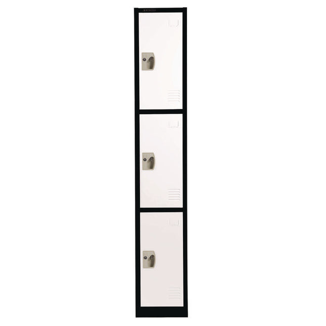 Steel Storage Locker, 3 Compartment, 12 x 12 x 72, Black Body/White Doors