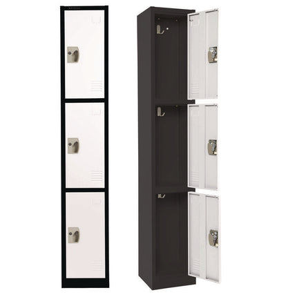 Steel Storage Locker, 3 Compartment, 12 x 12 x 72, Black Body/White Doors