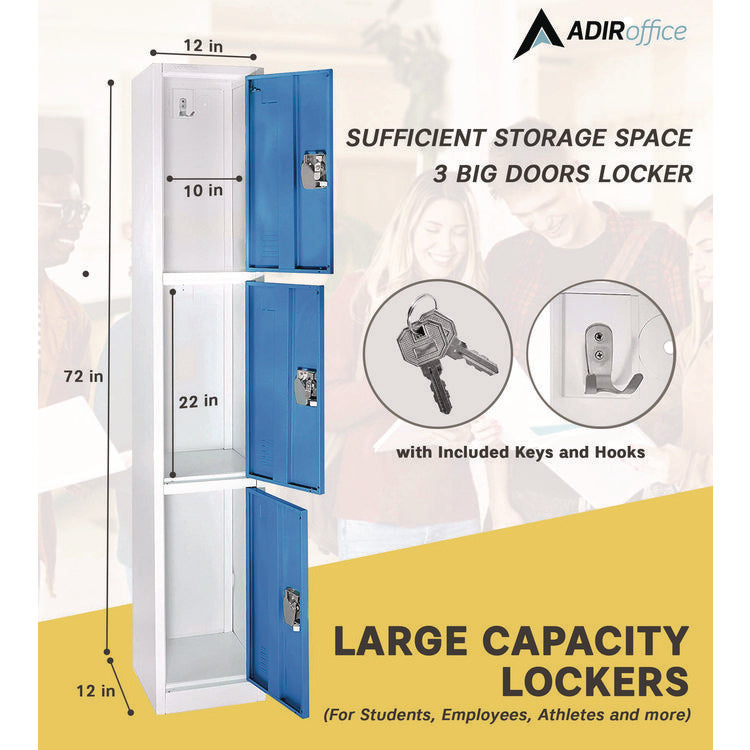 Steel Storage Locker, 3 Compartment, 12 x 12 x 72, Blue