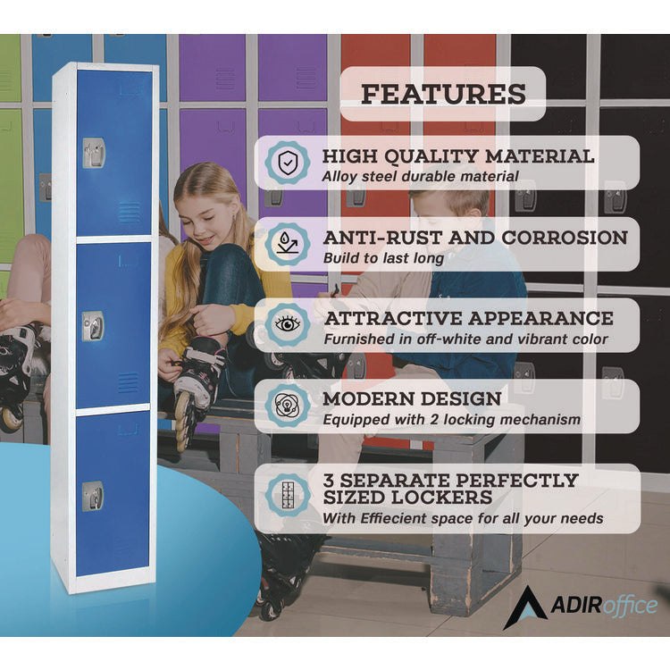 Steel Storage Locker, 3 Compartment, 12 x 12 x 72, Blue