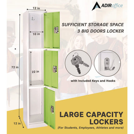 Steel Storage Locker, 3 Compartment, 12 x 12 x 72, Green