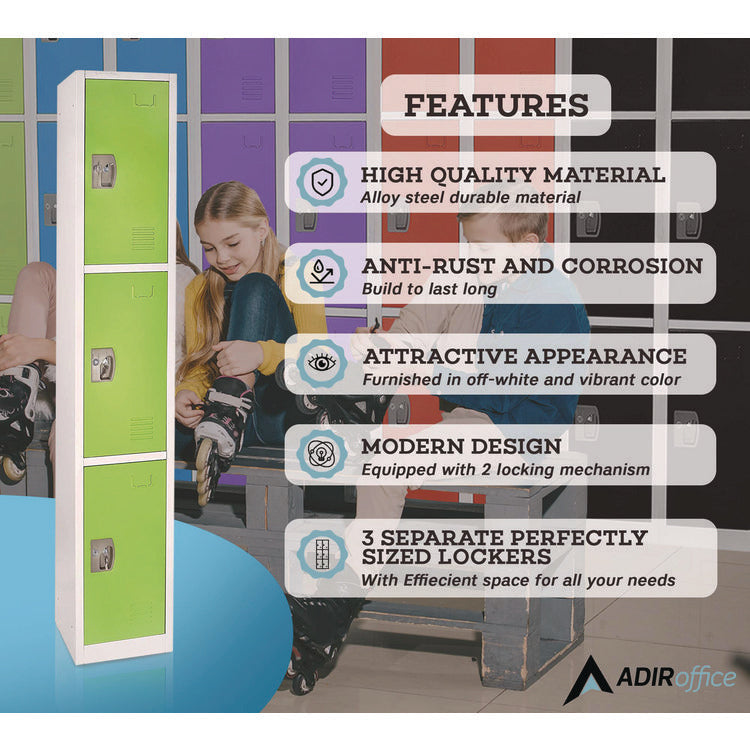 Steel Storage Locker, 3 Compartment, 12 x 12 x 72, Green