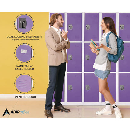 Steel Storage Locker, 3 Compartment, 12 x 12 x 72, Purple