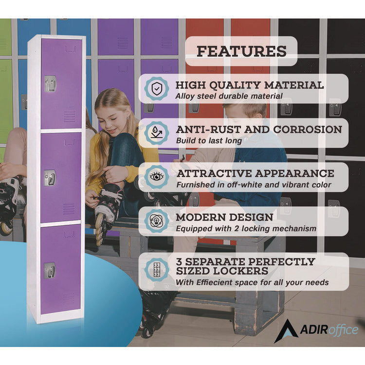 Steel Storage Locker, 3 Compartment, 12 x 12 x 72, Purple