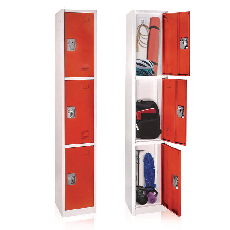 Steel Storage Locker, 3 Compartment, 12 x 12 x 72, Red