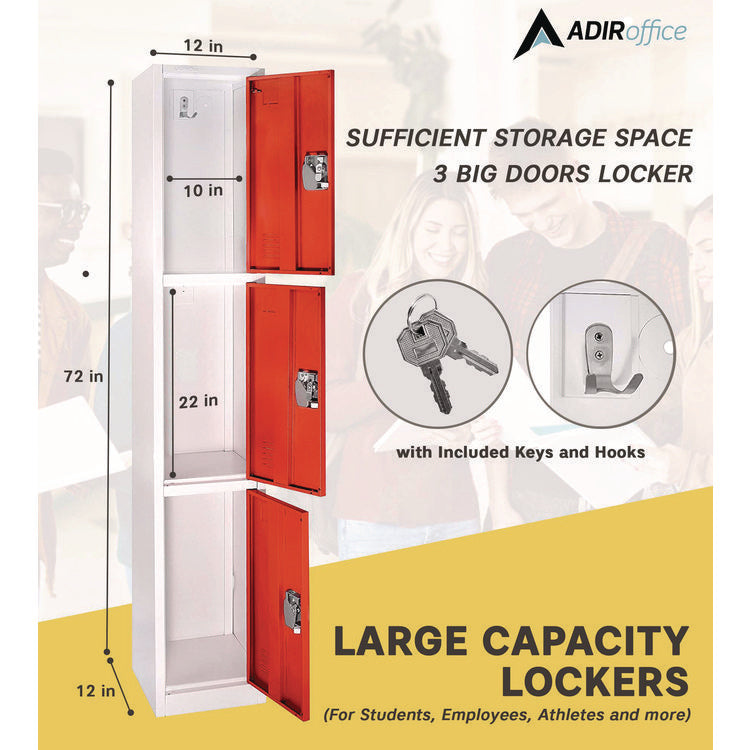 Steel Storage Locker, 3 Compartment, 12 x 12 x 72, Red