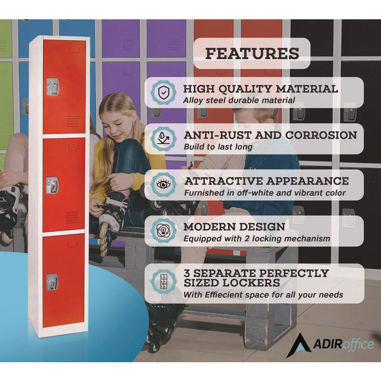 Steel Storage Locker, 3 Compartment, 12 x 12 x 72, Red