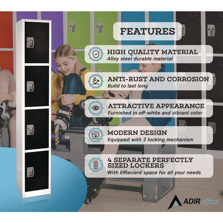 Steel Storage Locker, 4 Compartment, 12 x 12 x 72, Black