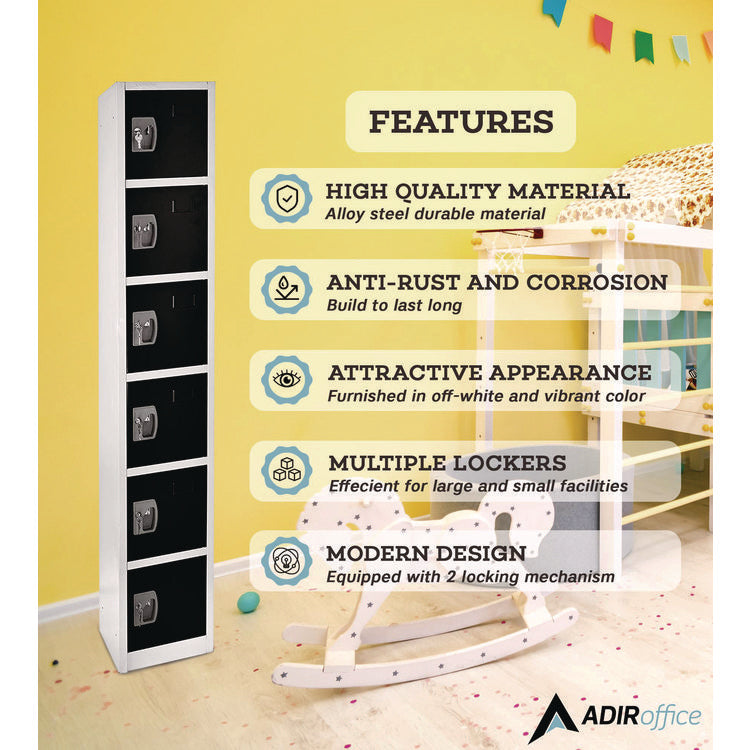 Steel Storage Locker, 6 Compartment, 12 x 12 x 72, Black