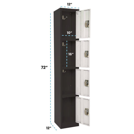 Steel Storage Locker, 4 Compartment, 12 x 12 x 72, Black Body/White Doors