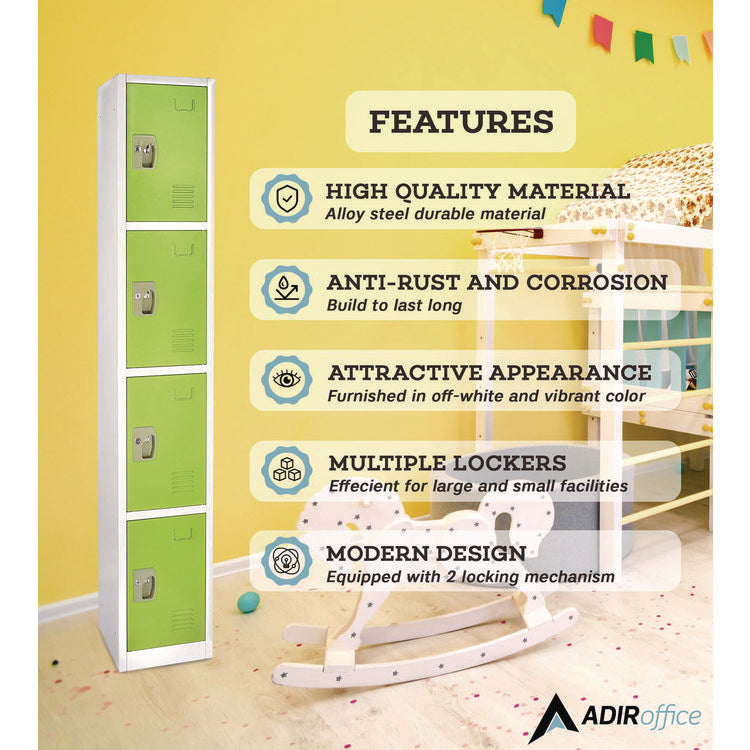 Steel Storage Locker, 4 Compartment, 12 x 12 x 72, Green