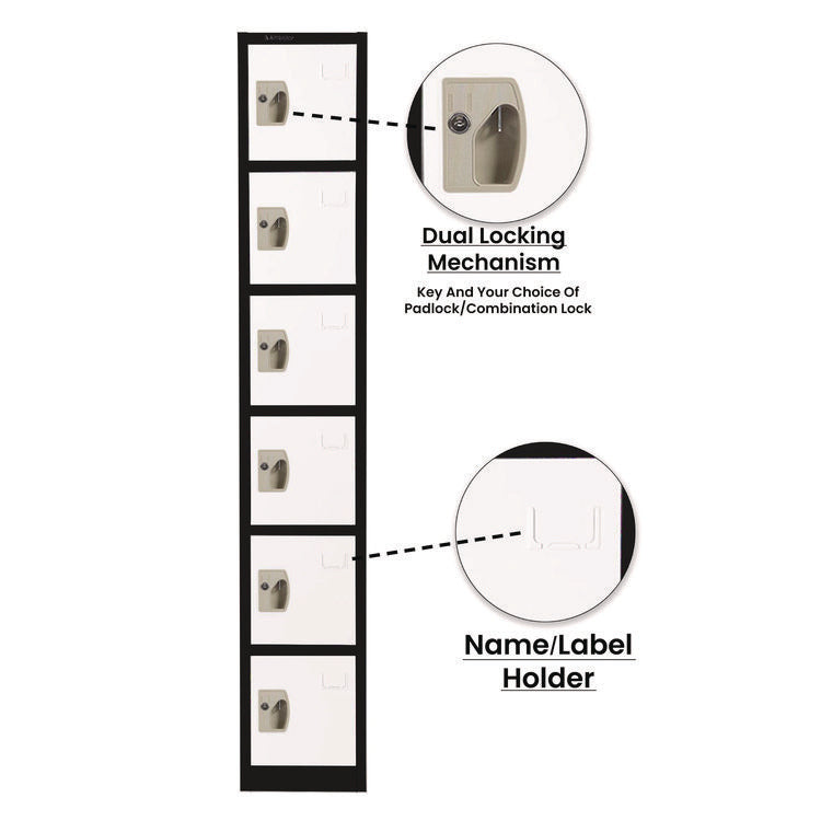 Steel Storage Locker, 6 Compartment, 12 x 12 x 72, Black Body/White Doors