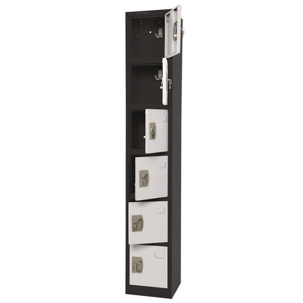 Steel Storage Locker, 6 Compartment, 12 x 12 x 72, Black Body/White Doors