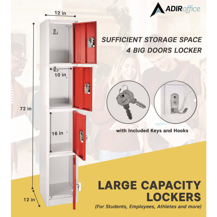 Steel Storage Locker, 4 Compartment, 12 x 12 x 72, Red