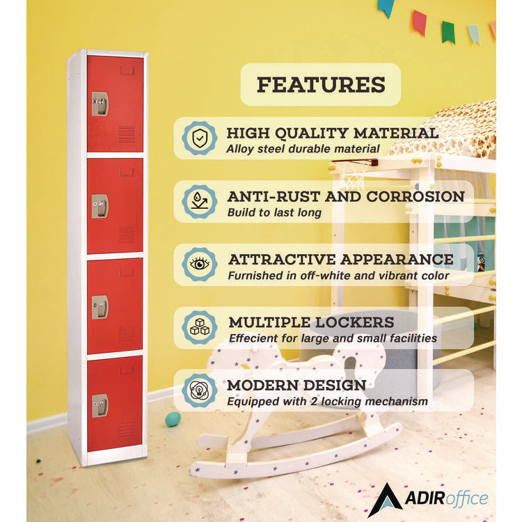 Steel Storage Locker, 4 Compartment, 12 x 12 x 72, Red