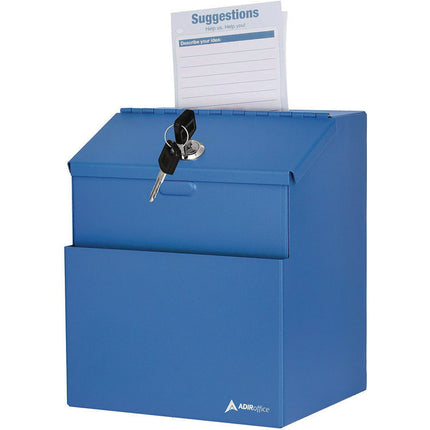 Wall Mountable Steel Suggestion Secure Drop Box with Key, 7 x 6 x 8.5, Stainless Steel 304, Blue
