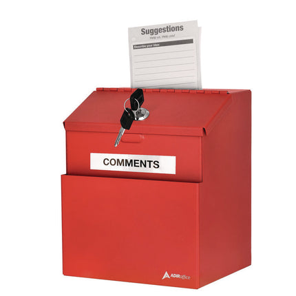 Wall Mountable Steel Suggestion Secure Drop Box with Key, 7 x 6 x 8.5, Stainless Steel 304, Red