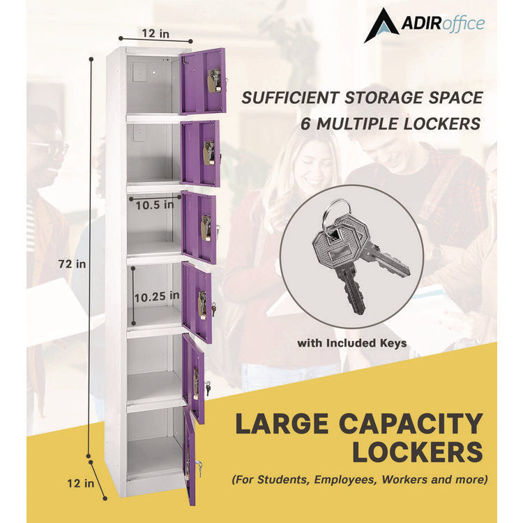 Steel Storage Locker, 6 Compartment, 12 x 12 x 72, Purple