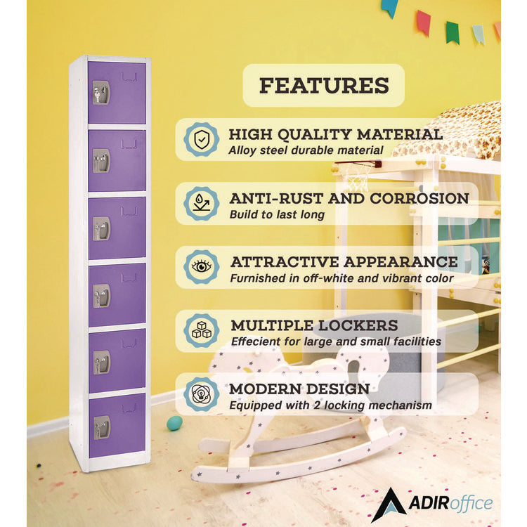 Steel Storage Locker, 6 Compartment, 12 x 12 x 72, Purple