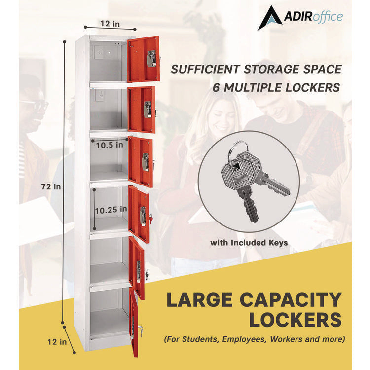 Steel Storage Locker, 6 Compartment, 12 x 12 x 72, Red