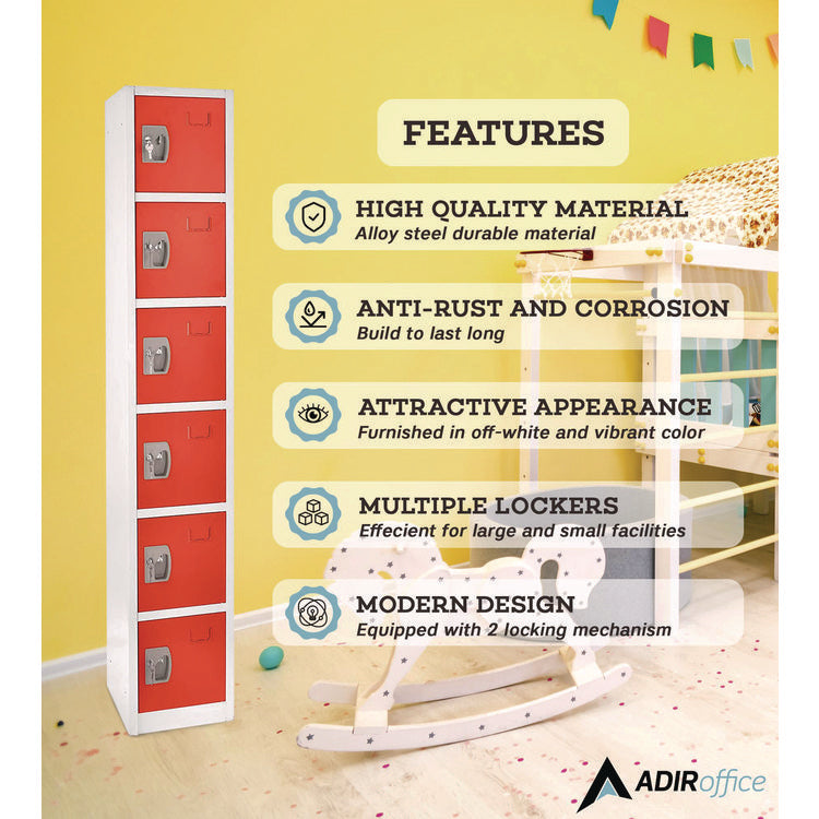 Steel Storage Locker, 6 Compartment, 12 x 12 x 72, Red