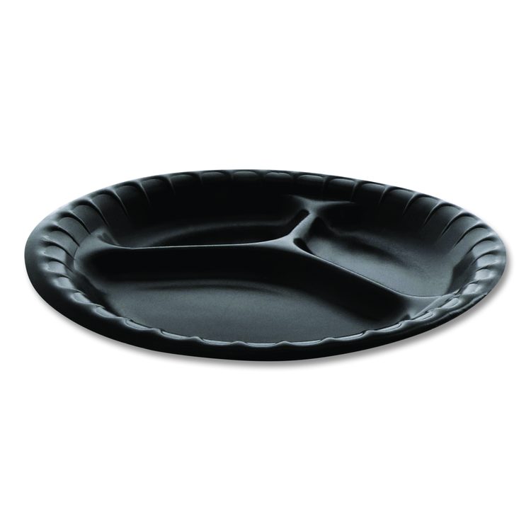 Placesetter Deluxe Laminated Foam Dinnerware, 3-Compartment Plate, 9" dia, Black, 200/Carton