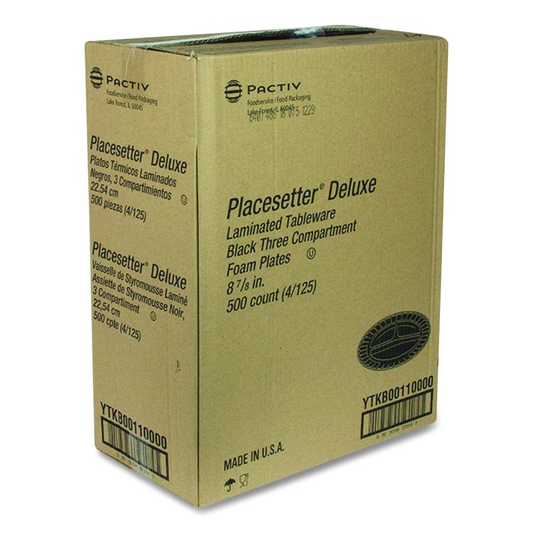Placesetter Deluxe Laminated Foam Dinnerware, 3-Compartment Plate, 9" dia, Black, 200/Carton