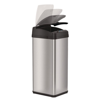 Sensor Trash Can, Rectangular, 13 gal, Plastic/Stainless Steel, Silver