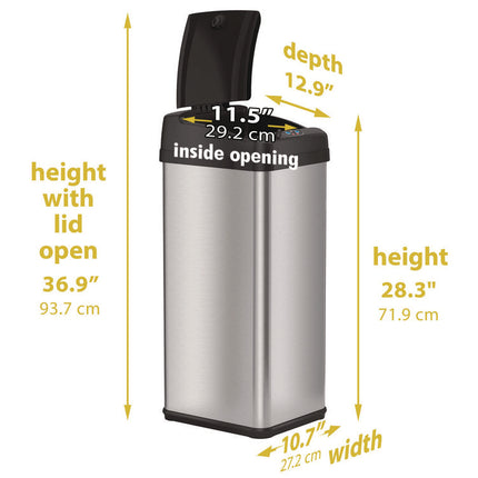 Sensor Trash Can, Rectangular, 13 gal, Plastic/Stainless Steel, Silver