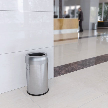 Open Top Trash Can, 13 gal, Plastic/Stainless Steel, Silver