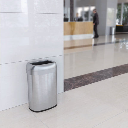 Open Top Trash Can with Wheels, Oval, 13 gal, Plastic/Stainless Steel, Silver