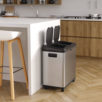 Dual Compartment Sensor Recycle Bin and Trash Can with Wheels, 16 gal, Plastic/Stainless Steel, Silver/Black