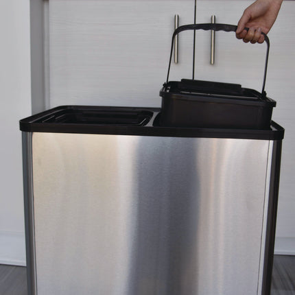 Dual Compartment Sensor Recycle Bin and Trash Can with Wheels, 16 gal, Plastic/Stainless Steel, Silver/Black