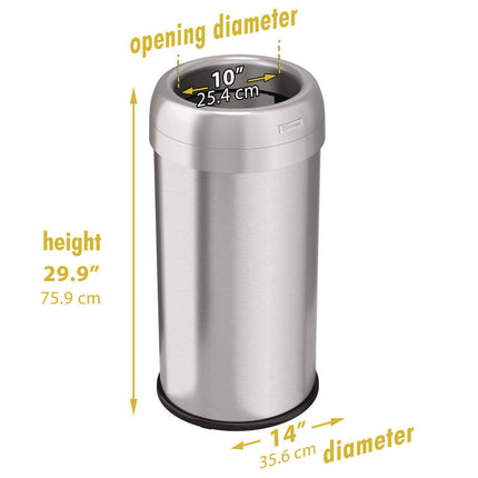 Open Top Trash Can, Round, 16 gal, Plastic/Stainless Steel, Silver