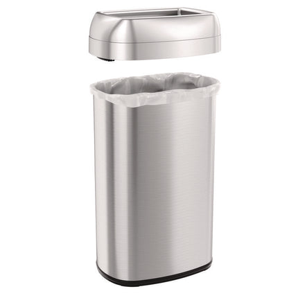 Open Top Trash Can, Oval, 16 gal, Plastic/Stainless Steel, Silver